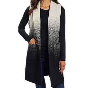 Andrew Marc Womens Wool Blend Hombre Open Cardigan Vest Black White Pockets Sz L